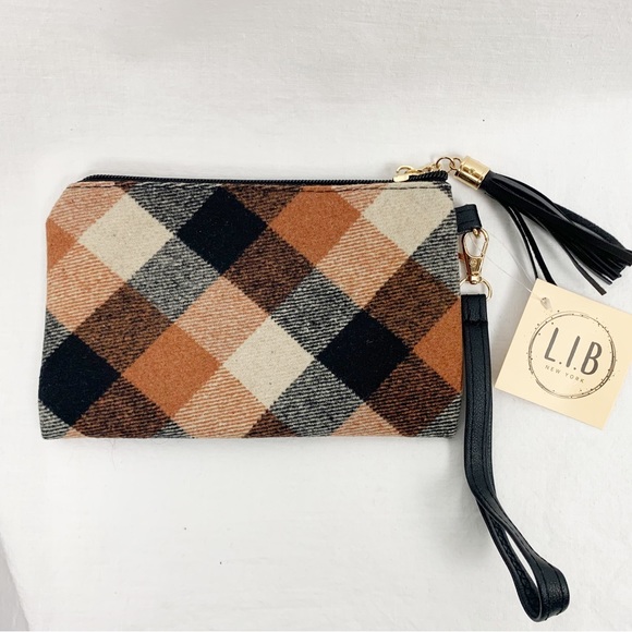 LIB New York Handbags - NEW LIB New York Buffalo Plaid Flannel Wristlet Clutch Bag Tassel